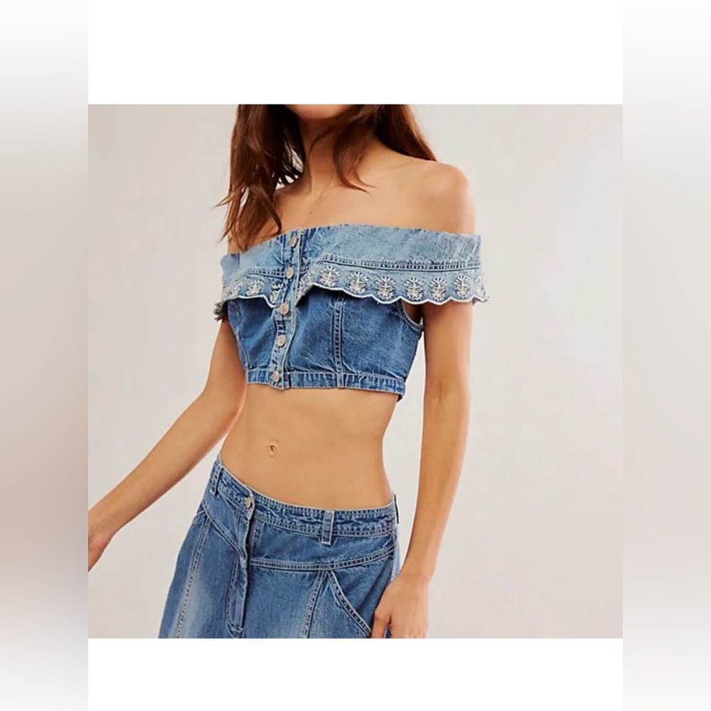 Free People Kora Crop Top Maxi Skirt Denim Embroidered Set Sz 2 NWT - Picture 3 of 15